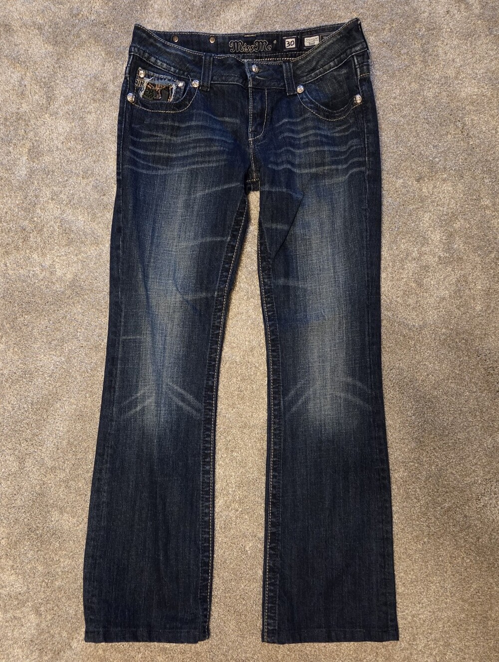 Miss Me Dark Blue Boot Cut Jeans with Embellished Animal-Print Pockets - Picture 2 of 6